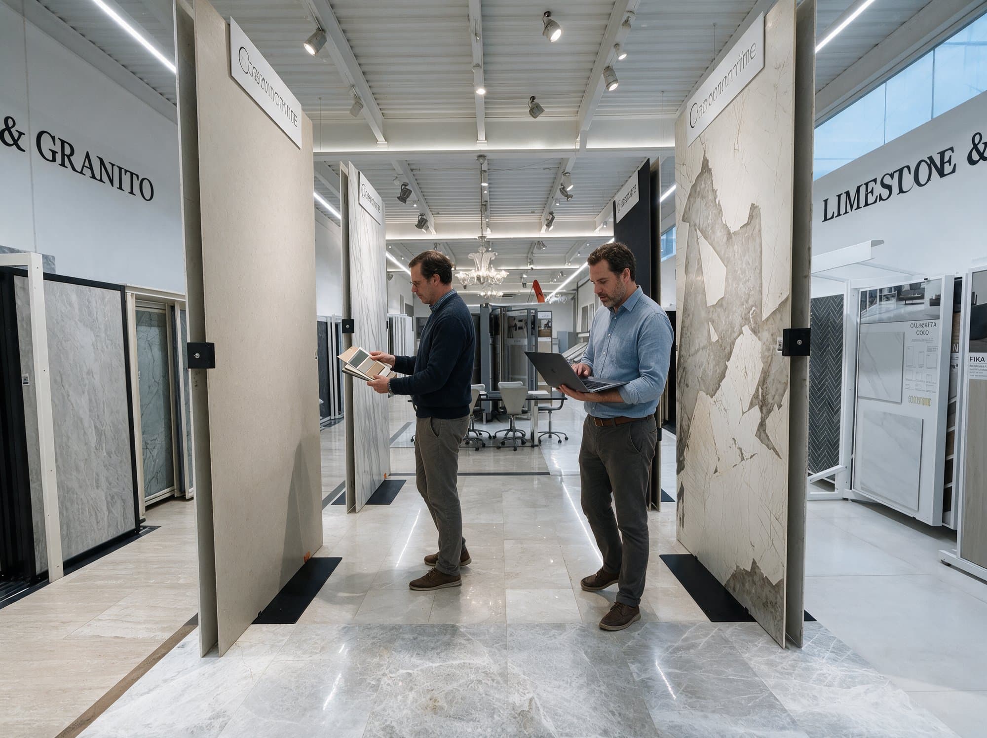 Asesor y arquitecto revisando materiales en el showroom de Artecasa